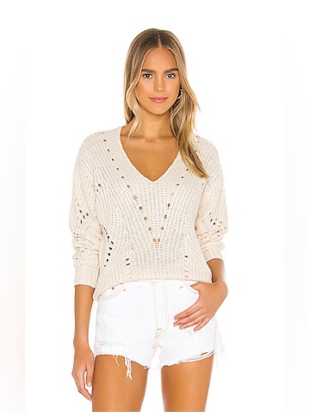 Revolve Heartloom Light Cream V-Neck Knit Sweater